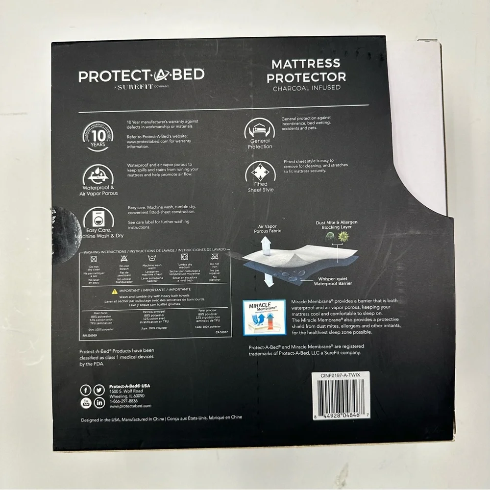 Protect-A-Bed Surefit mattress protector charcoal infused twin XL Waterproof NEW